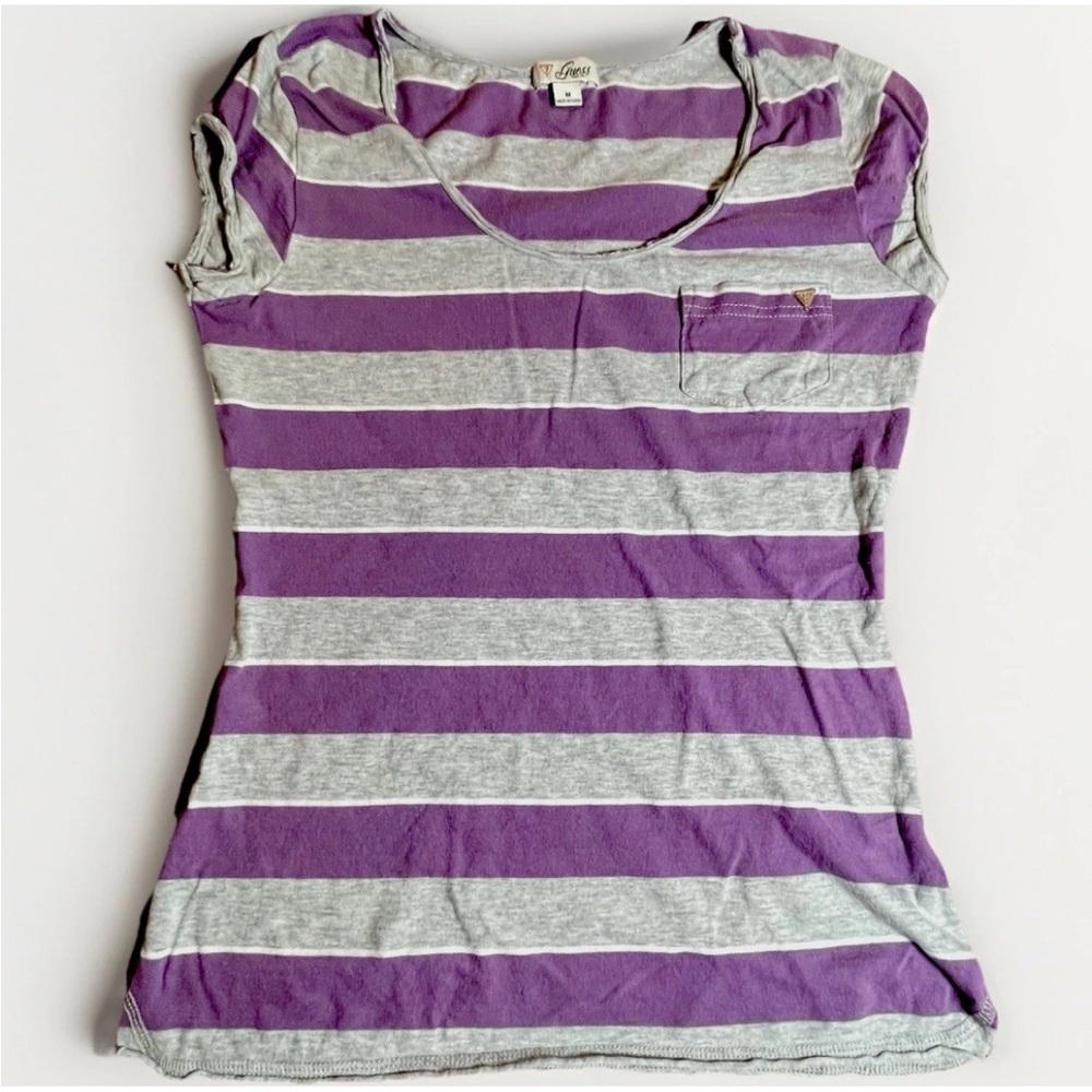 Guess Jeans Baby Tee M Pink Gray Stripe Cotton Fitted Y2K Style Retro Top sexy